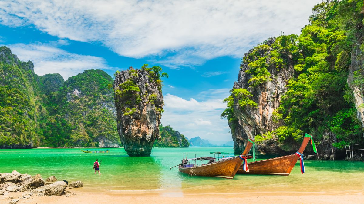 amazed nature scenic landscape james bond island with boat for traveler phang nga bay, attraction famous landmark tourist travel phuket thailand summer vacation trips, tourism destinations place asia
